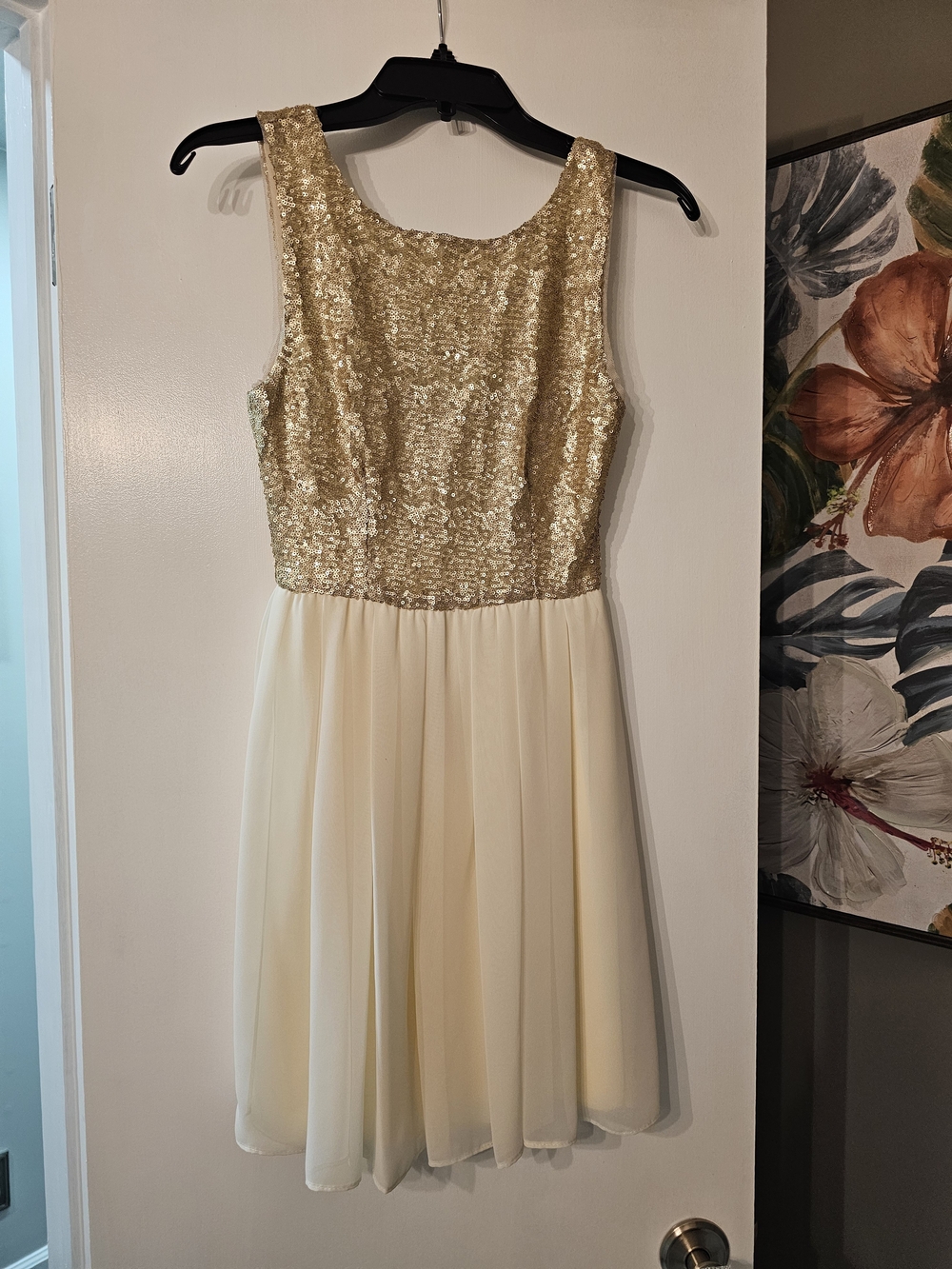 B Darlin Gold Sequin Bodice Cream Chiffon Midi Dress